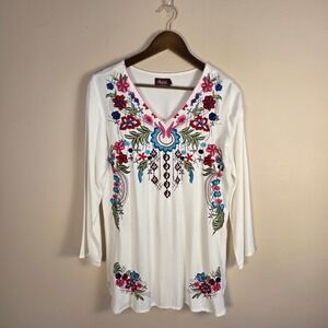 Avani Bel Amour Womens White Floral Embroidered V-Neck Tunic Top Viscose Size M